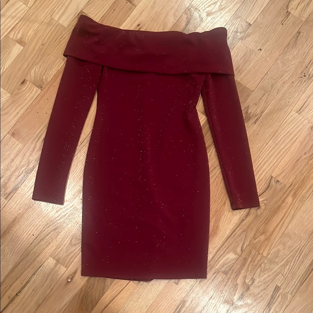 B Darlin Red Off-Shoulder Long Sleeve Bodycon Dress